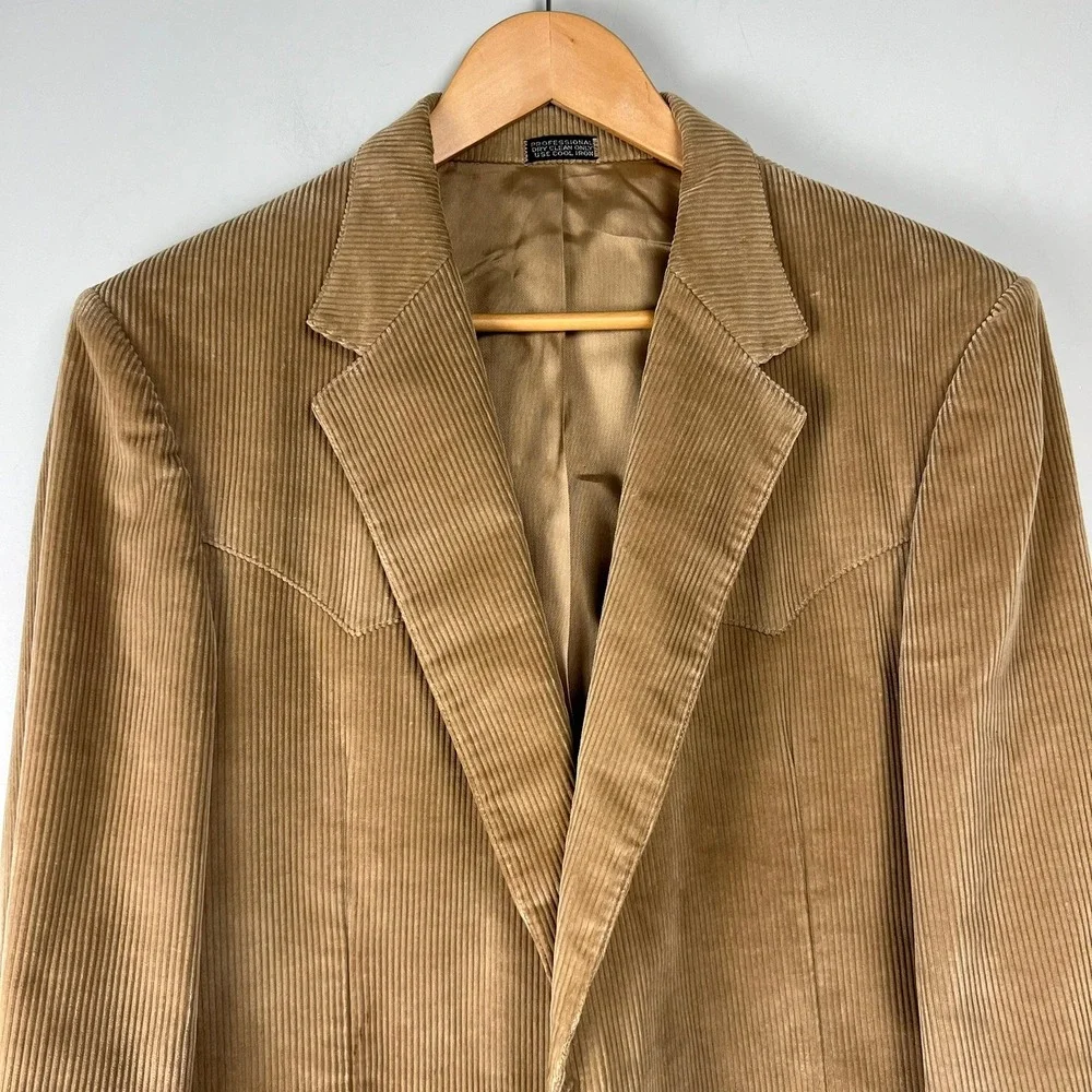 Vtg Tan Corduroy Western Blazer Suede Elbow Patches Tan Camel Sport Coat 44R